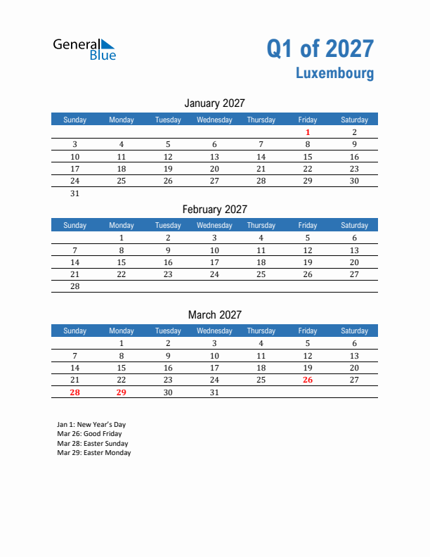 Luxembourg 2027 Quarterly Calendar with Sunday Start