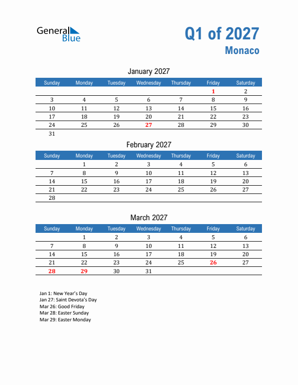 Monaco 2027 Quarterly Calendar with Sunday Start
