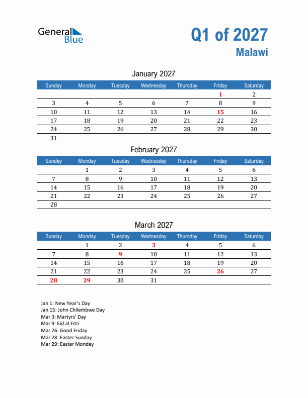 Malawi 2027 Quarterly Calendar with Sunday Start