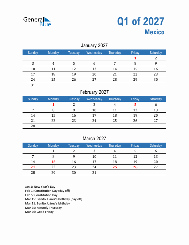 Mexico 2027 Quarterly Calendar with Sunday Start