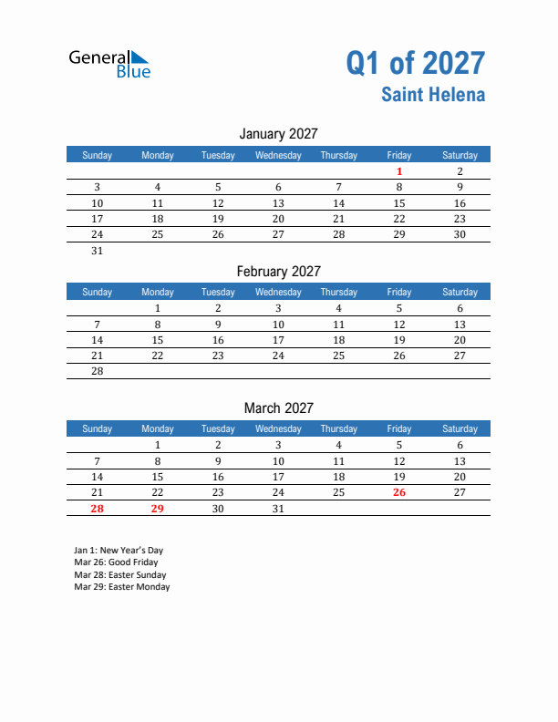Saint Helena 2027 Quarterly Calendar with Sunday Start