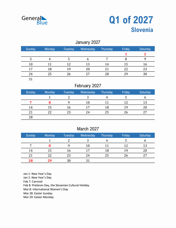 Slovenia 2027 Quarterly Calendar with Sunday Start
