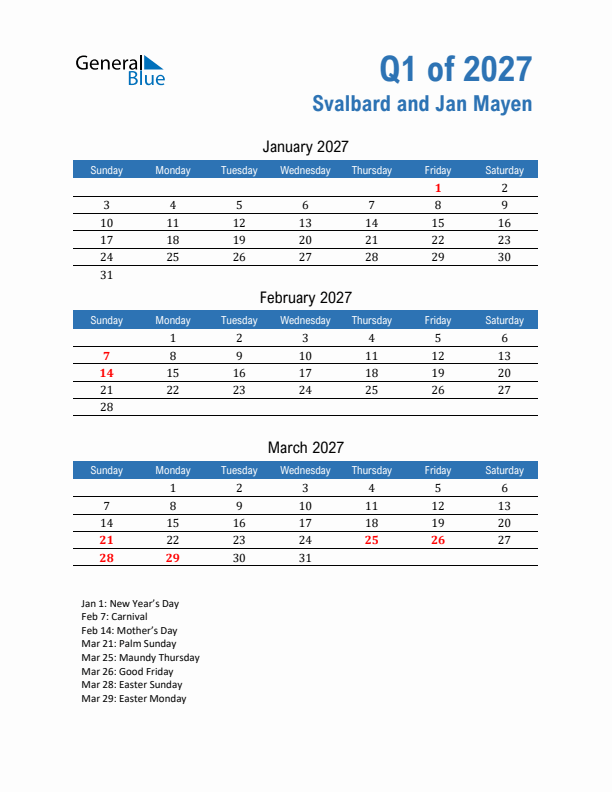 Svalbard and Jan Mayen 2027 Quarterly Calendar with Sunday Start