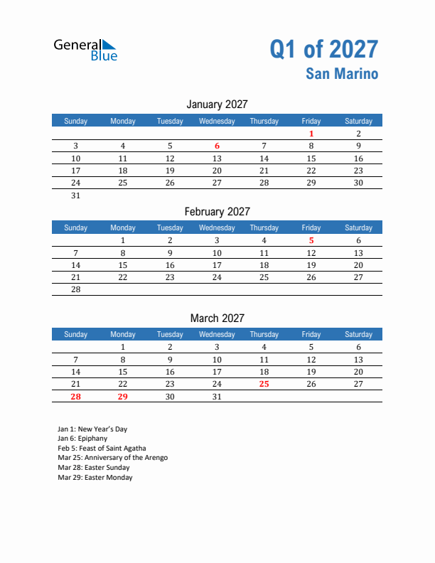San Marino 2027 Quarterly Calendar with Sunday Start