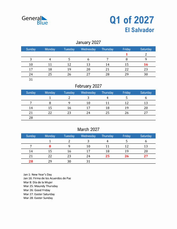 El Salvador 2027 Quarterly Calendar with Sunday Start