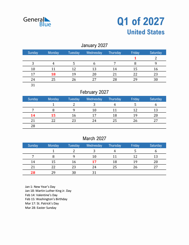 United States 2027 Quarterly Calendar with Sunday Start