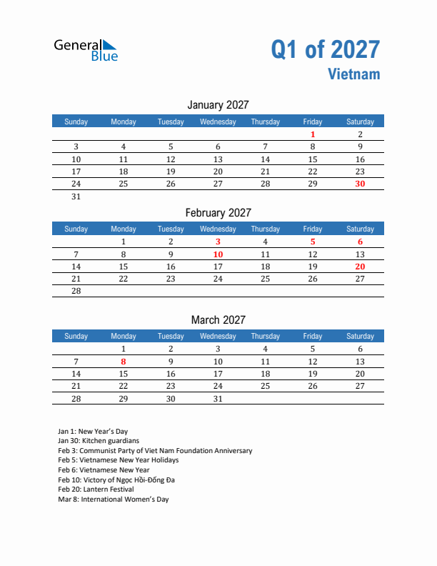 Vietnam 2027 Quarterly Calendar with Sunday Start