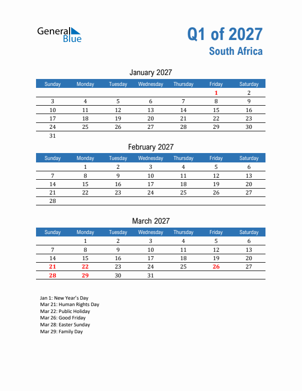 South Africa 2027 Quarterly Calendar with Sunday Start