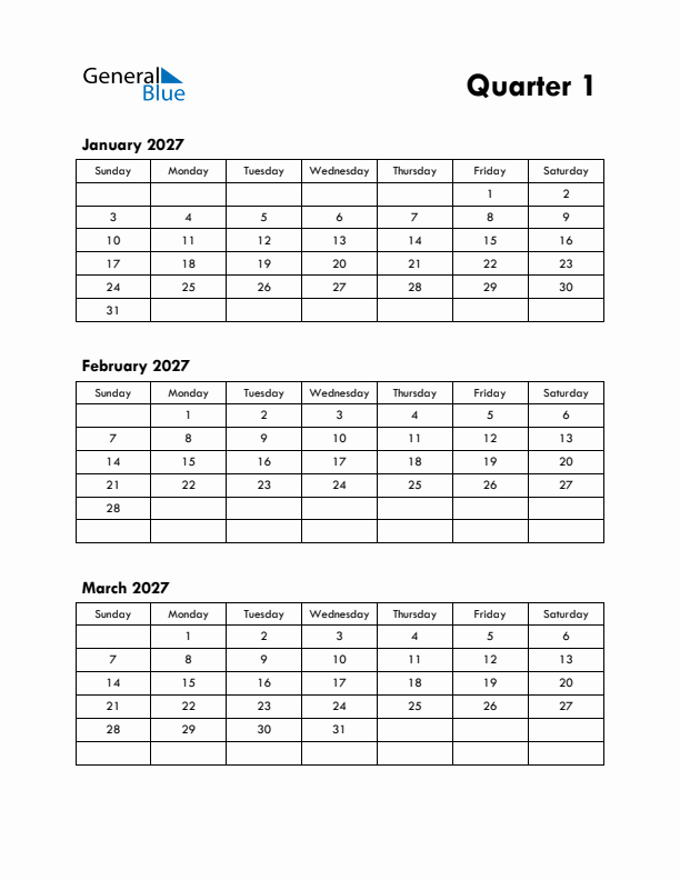 Quarter 1 2027 Calendar - Sunday Start