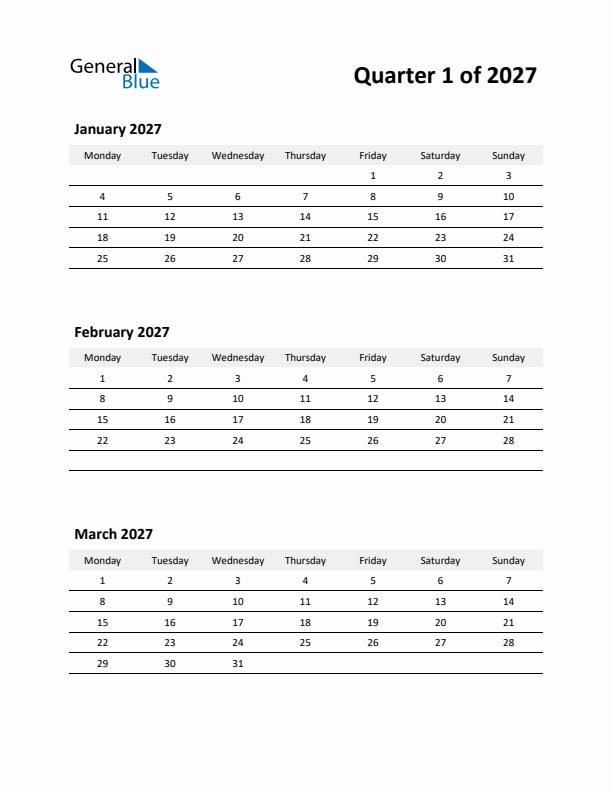 2027 Three-Month Calendar (Quarter 1)