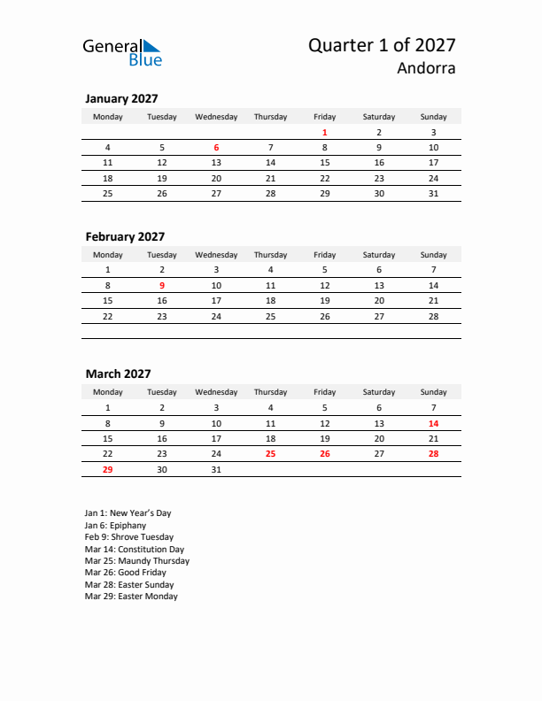 2027 Three-Month Calendar for Andorra