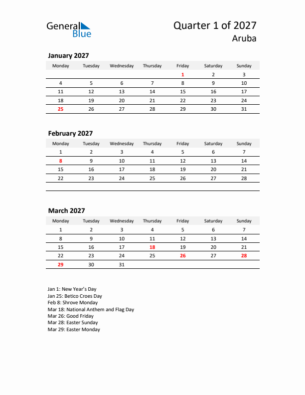 2027 Three-Month Calendar for Aruba