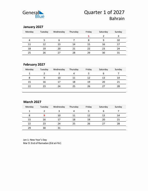 2027 Three-Month Calendar for Bahrain
