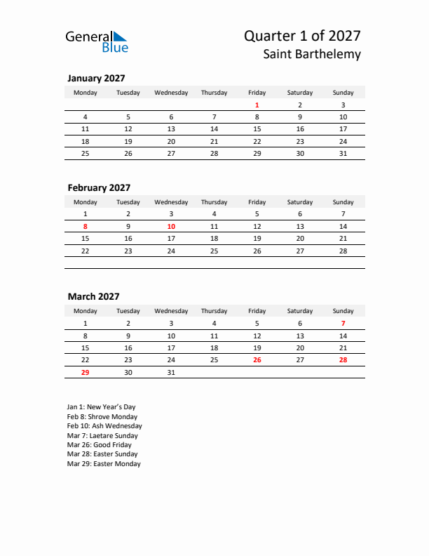 2027 Three-Month Calendar for Saint Barthelemy