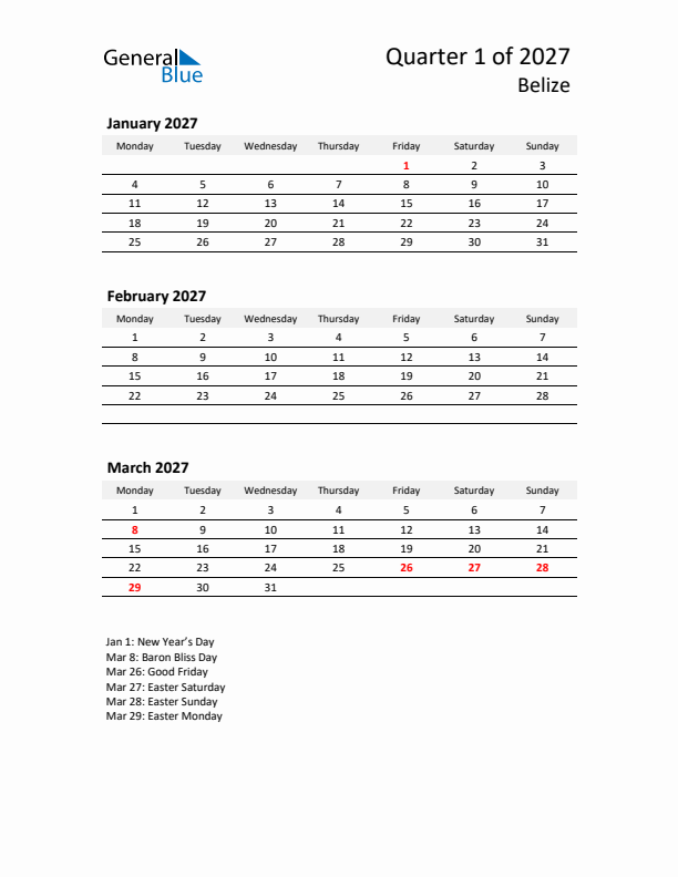 2027 Three-Month Calendar for Belize