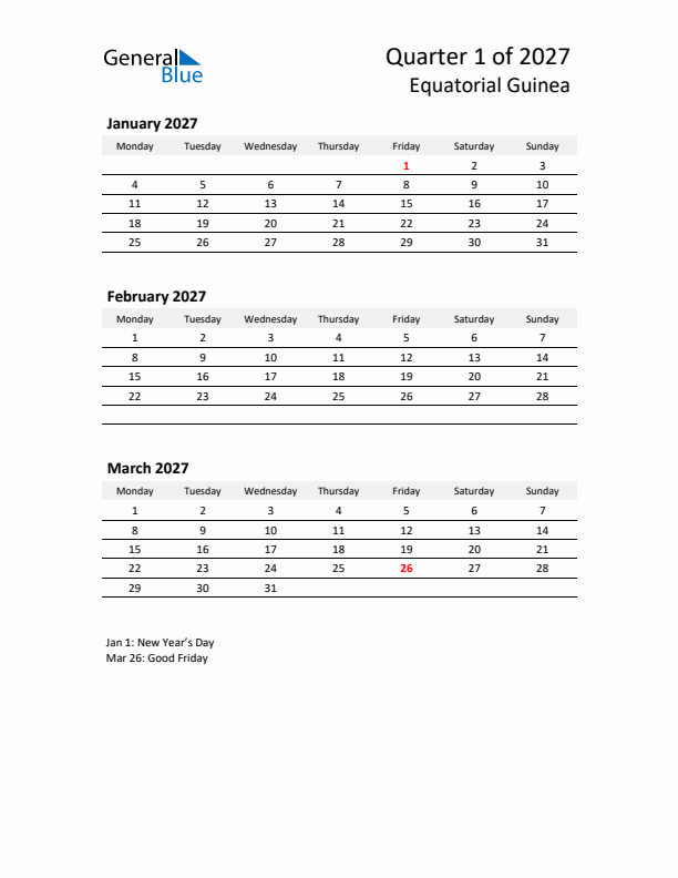 2027 Three-Month Calendar for Equatorial Guinea