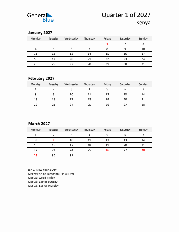 2027 Three-Month Calendar for Kenya