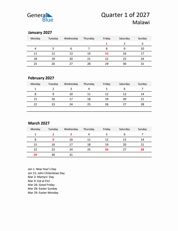2027 Three-Month Calendar for Malawi