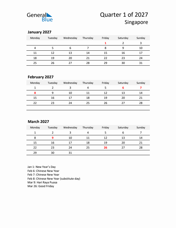 2027 Three-Month Calendar for Singapore