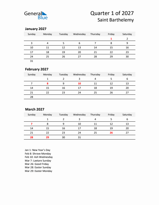 2027 Three-Month Calendar for Saint Barthelemy