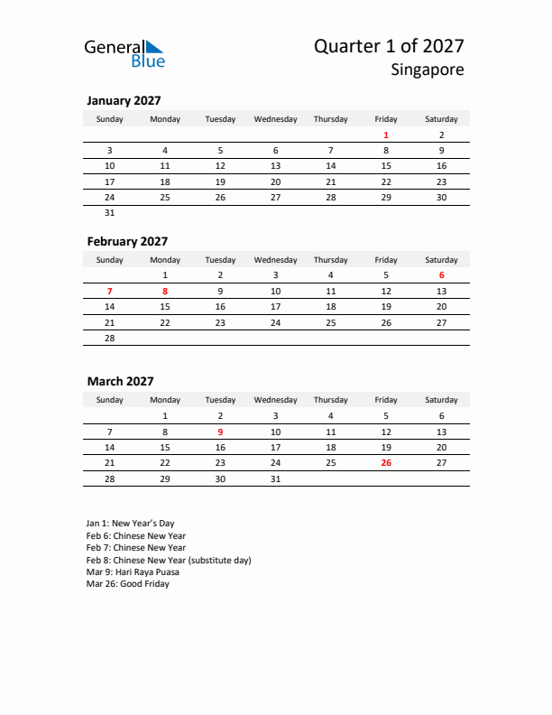 2027 Three-Month Calendar for Singapore