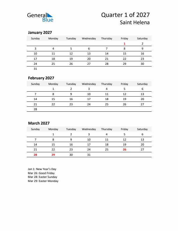 2027 Three-Month Calendar for Saint Helena