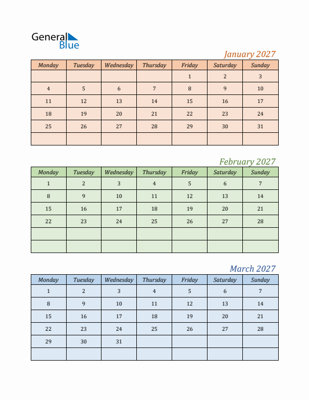 Three-Month Calendar for Year 2027 (January, February, and March)
