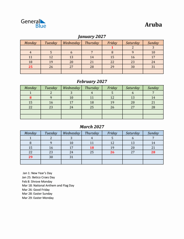 Q1 2027 Holiday Calendar - Aruba