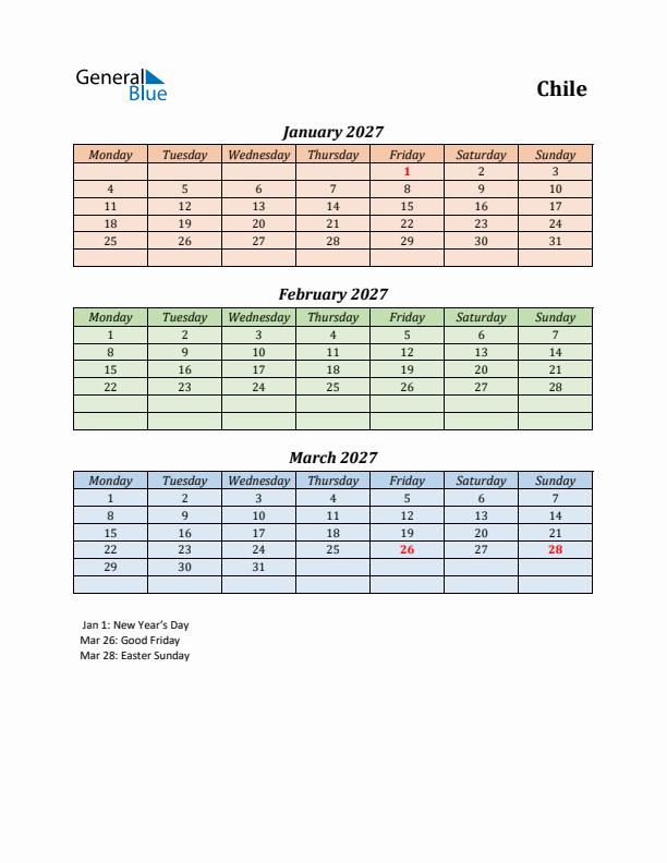 Q1 2027 Holiday Calendar - Chile