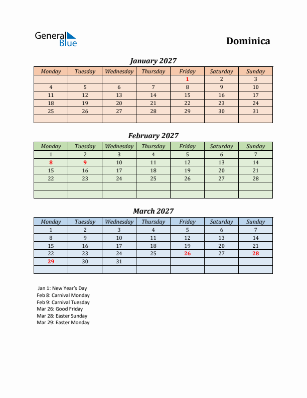 Q1 2027 Holiday Calendar - Dominica