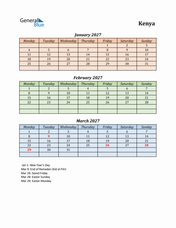 Q1 2027 Holiday Calendar - Kenya