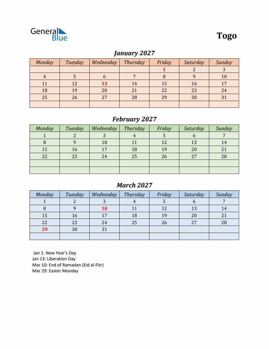 Q1 2027 Holiday Calendar - Togo