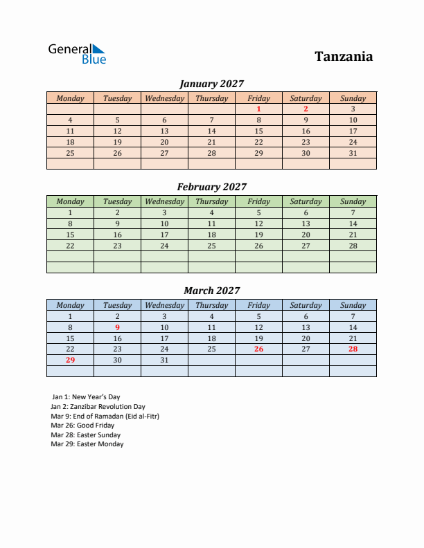 Q1 2027 Holiday Calendar - Tanzania