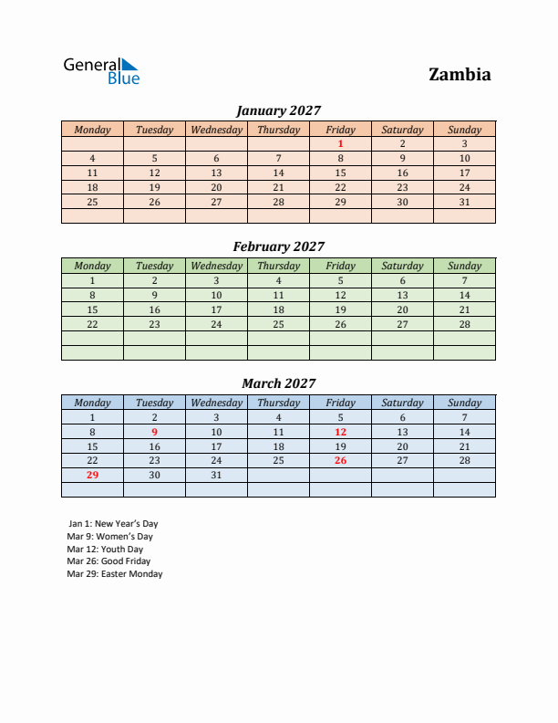 Q1 2027 Holiday Calendar - Zambia