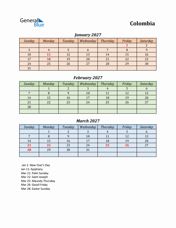 Q1 2027 Holiday Calendar - Colombia