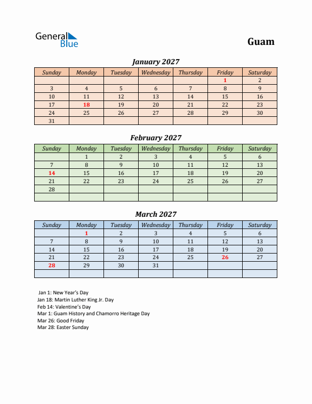 Q1 2027 Holiday Calendar - Guam