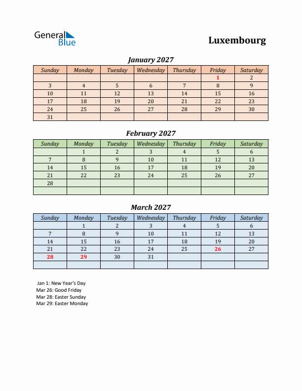 Q1 2027 Holiday Calendar - Luxembourg
