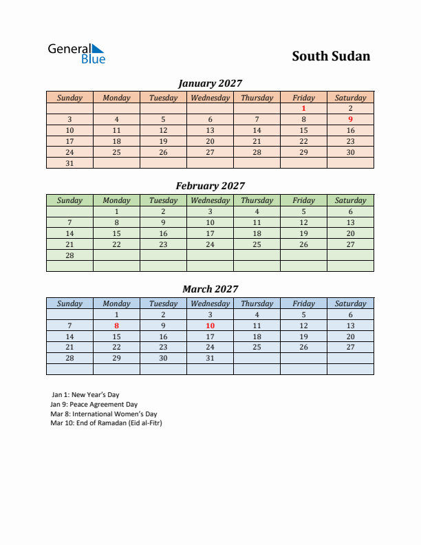 Q1 2027 Holiday Calendar - South Sudan