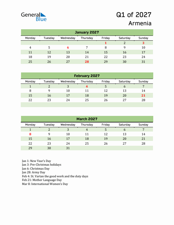 Quarterly Calendar 2027 with Armenia Holidays