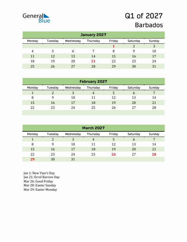 Quarterly Calendar 2027 with Barbados Holidays
