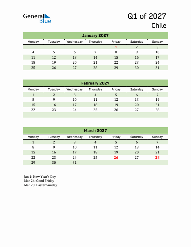 Quarterly Calendar 2027 with Chile Holidays
