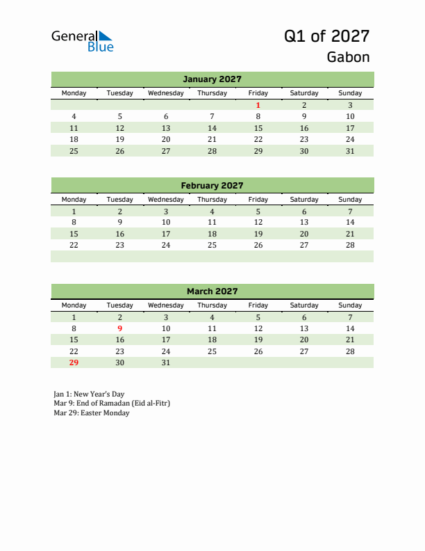 Quarterly Calendar 2027 with Gabon Holidays