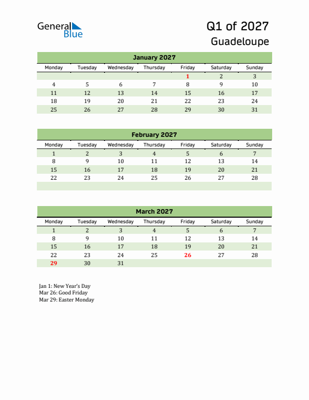 Quarterly Calendar 2027 with Guadeloupe Holidays