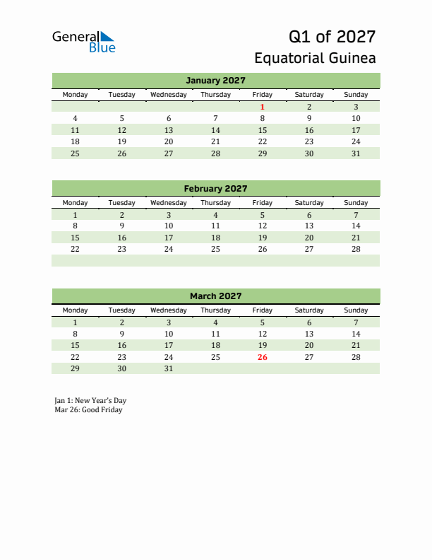 Quarterly Calendar 2027 with Equatorial Guinea Holidays