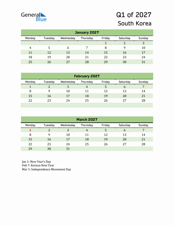 Quarterly Calendar 2027 with South Korea Holidays