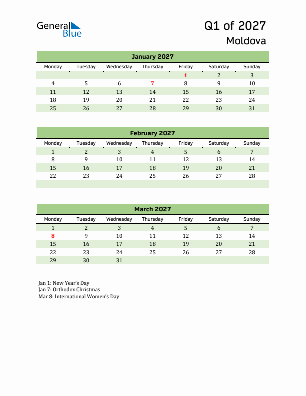 Quarterly Calendar 2027 with Moldova Holidays