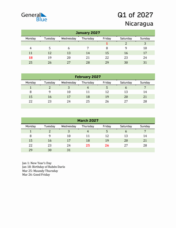 Quarterly Calendar 2027 with Nicaragua Holidays