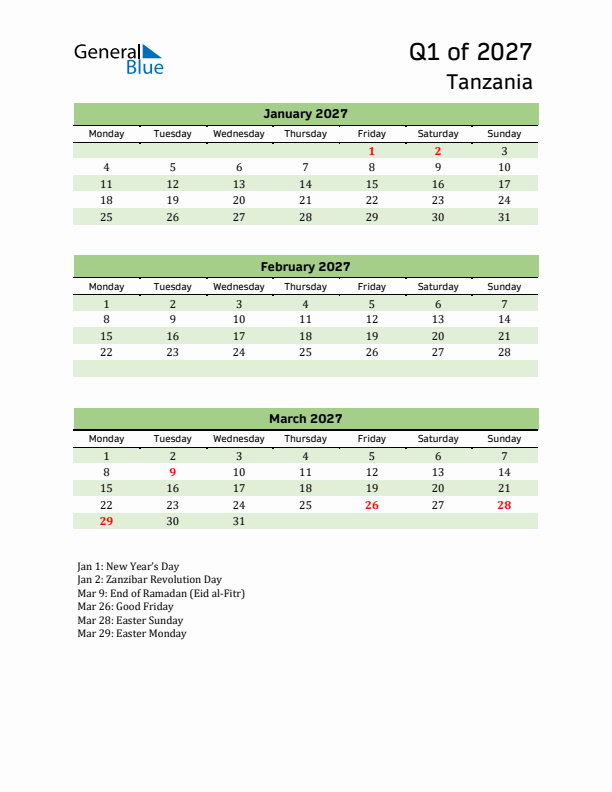 Quarterly Calendar 2027 with Tanzania Holidays