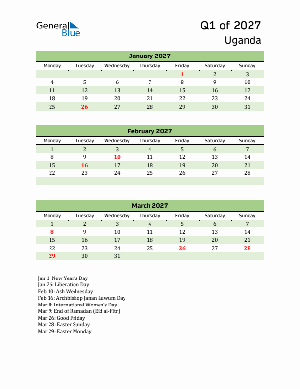 Quarterly Calendar 2027 with Uganda Holidays