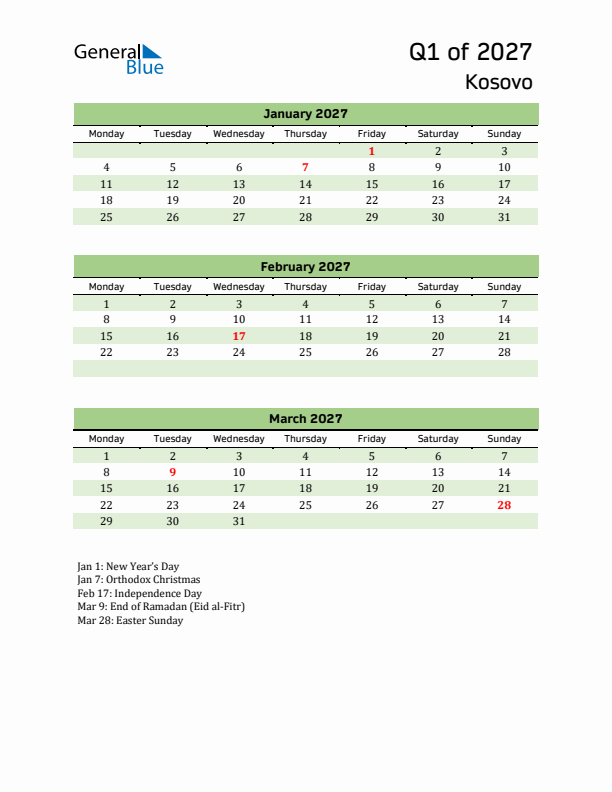 Quarterly Calendar 2027 with Kosovo Holidays
